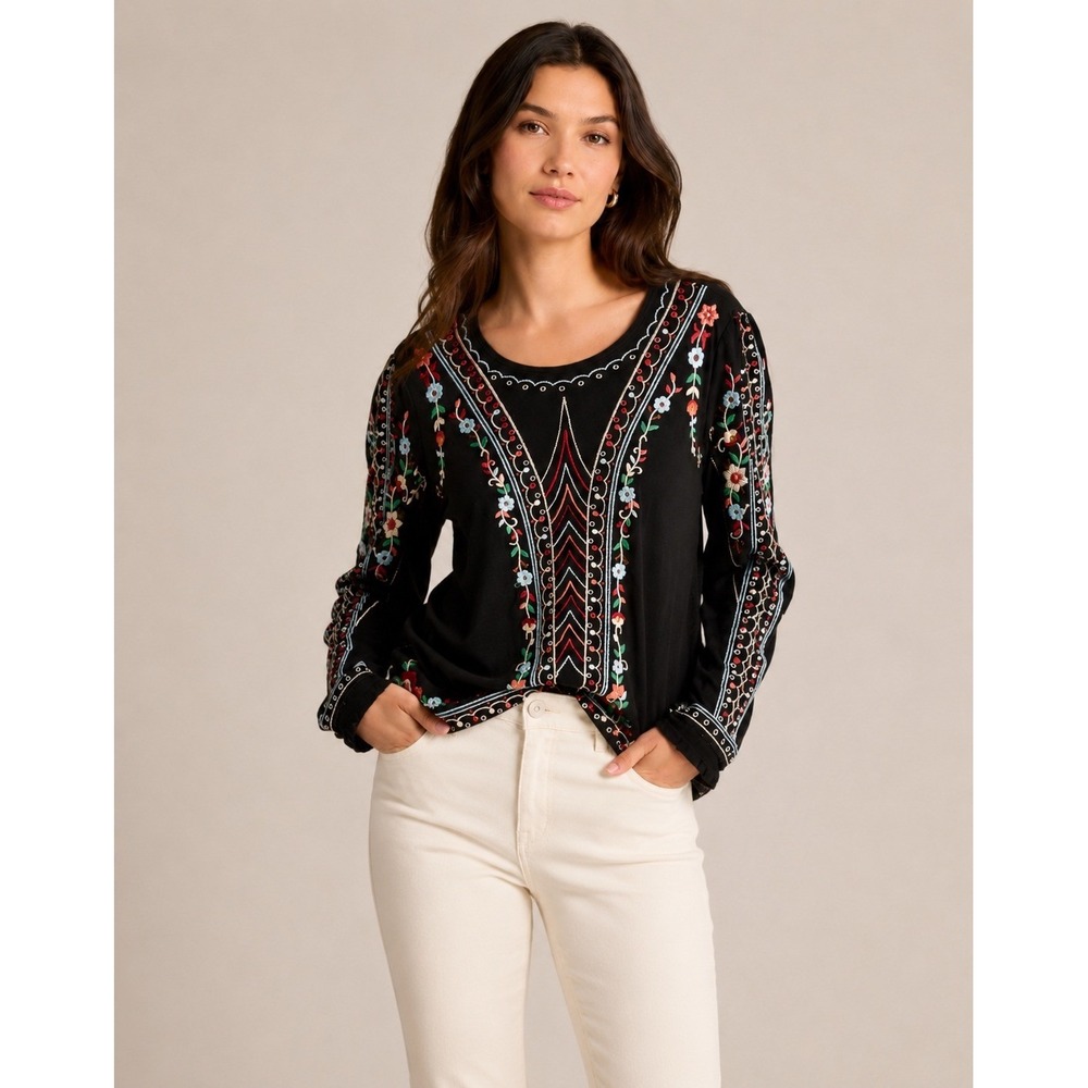 One September Womens Boho Floral Embroidered Rayon Linen Blouse Black XL Top